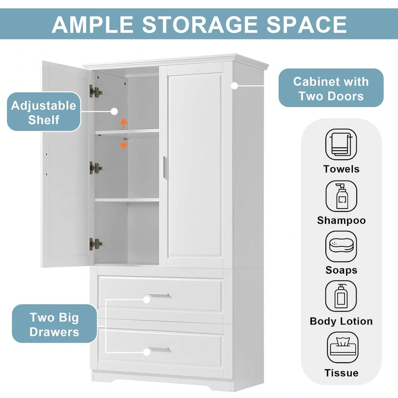 Armoire de rangement haute de salle de bain avec 2 portes, 2 tiroirs et étagère réglable
