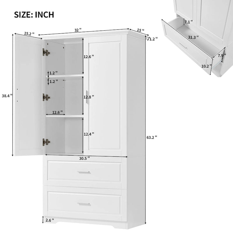 Armoire de rangement haute de salle de bain avec 2 portes, 2 tiroirs et étagère réglable