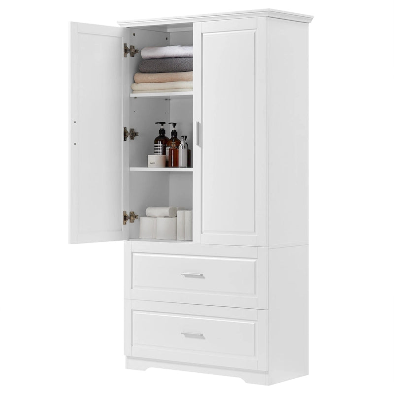Armoire de rangement haute de salle de bain avec 2 portes, 2 tiroirs et étagère réglable