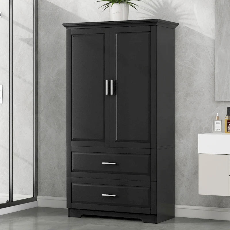Armoire de rangement haute de salle de bain avec 2 portes, 2 tiroirs et étagère réglable