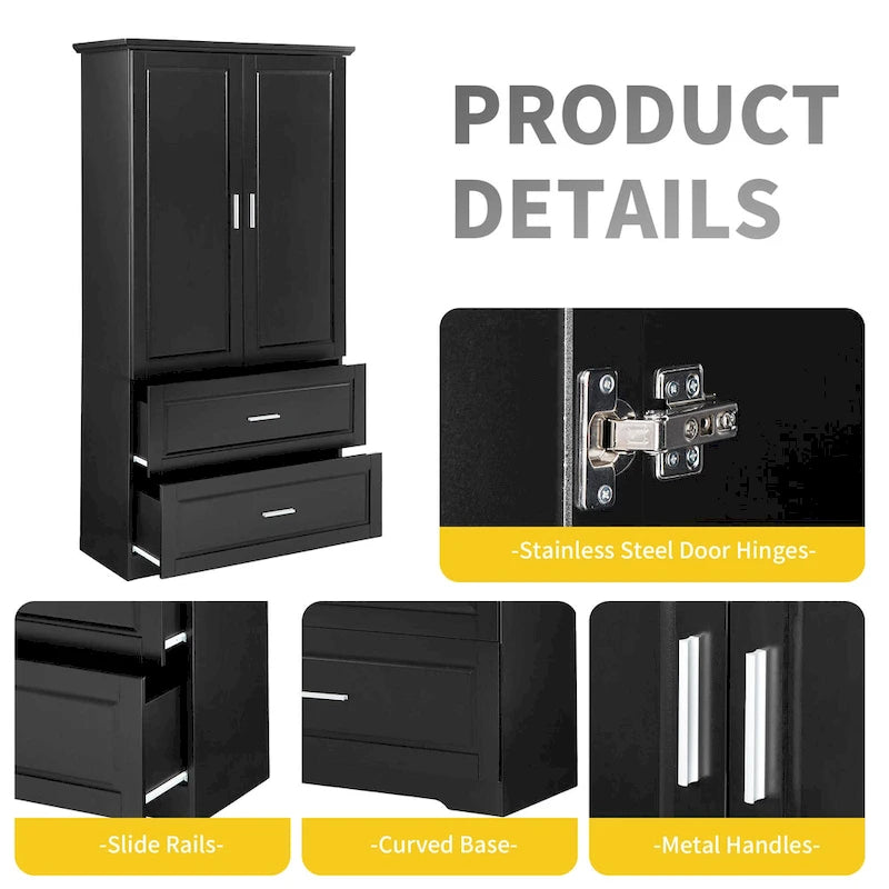 Armoire de rangement haute de salle de bain avec 2 portes, 2 tiroirs et étagère réglable