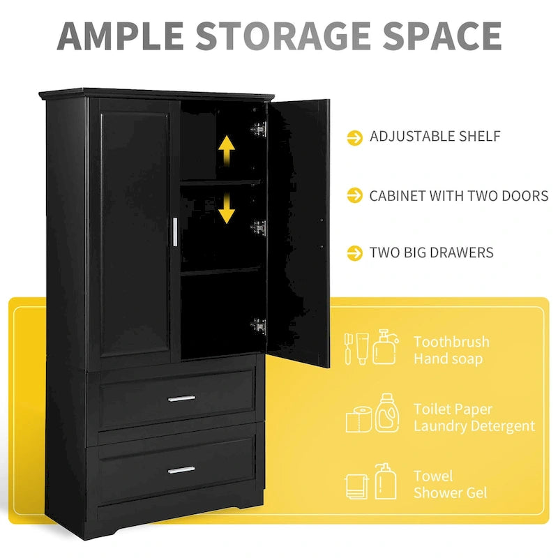 Armoire de rangement haute de salle de bain avec 2 portes, 2 tiroirs et étagère réglable