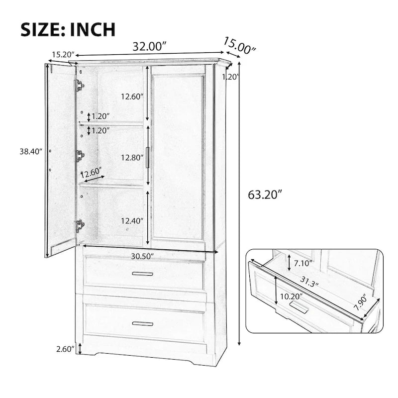Armoire de rangement haute de salle de bain avec 2 portes, 2 tiroirs et étagère réglable