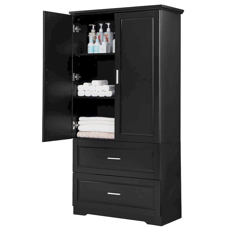 Armoire de rangement haute de salle de bain avec 2 portes, 2 tiroirs et étagère réglable