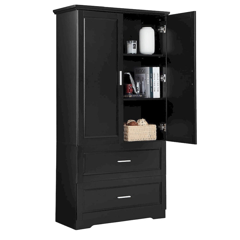 Armoire de rangement haute de salle de bain avec 2 portes, 2 tiroirs et étagère réglable