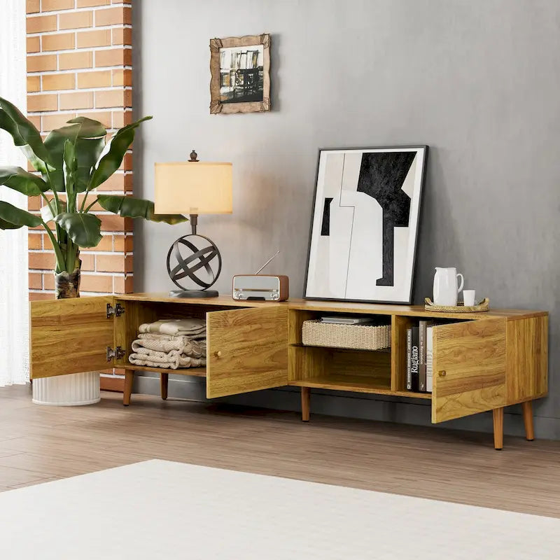 70 Inch Mid-Century Modern TV Stand with Storage