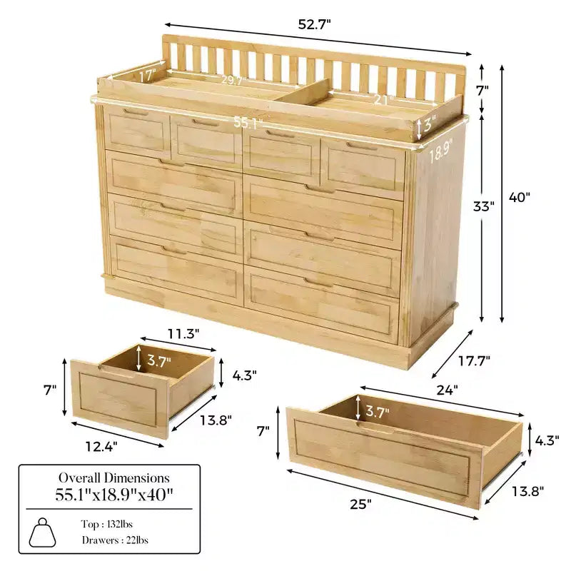 Table à langer et commode Homsee en bois de pin massif : plan à langer amovible, tiroirs de rangement, indispensable tout-en-un pour la chambre de bébé