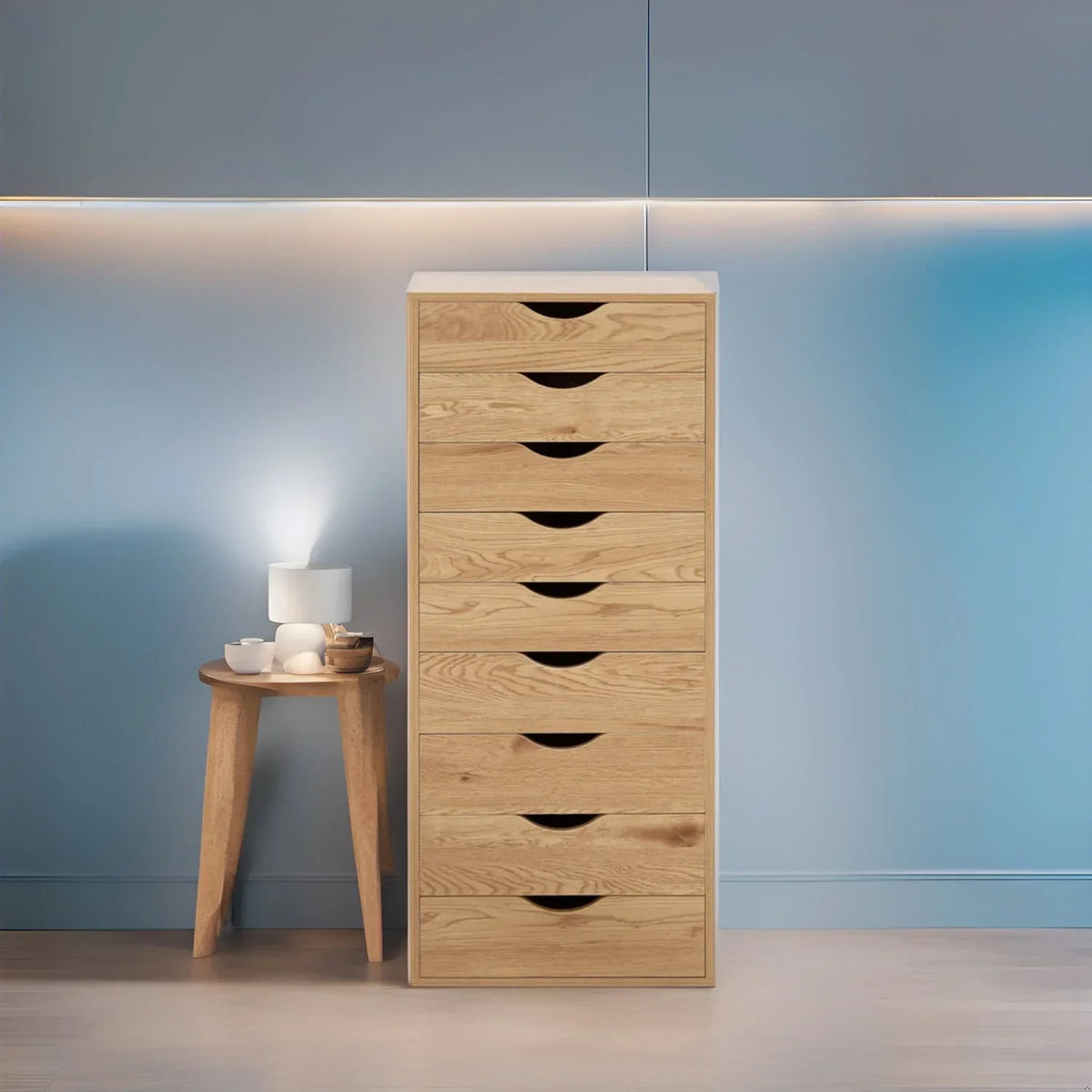 Meuble étroit en bois à 9 tiroirs avec coulisses fluides et étagère de rangement supérieure