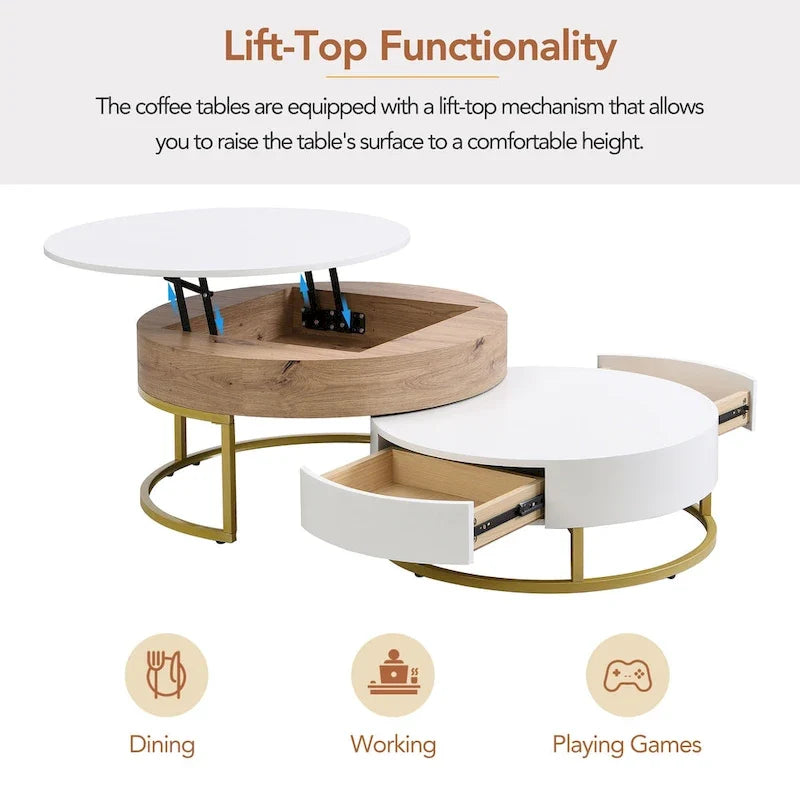 Tables basses gigognes rondes modernes à plateau relevable avec 2 tiroirs