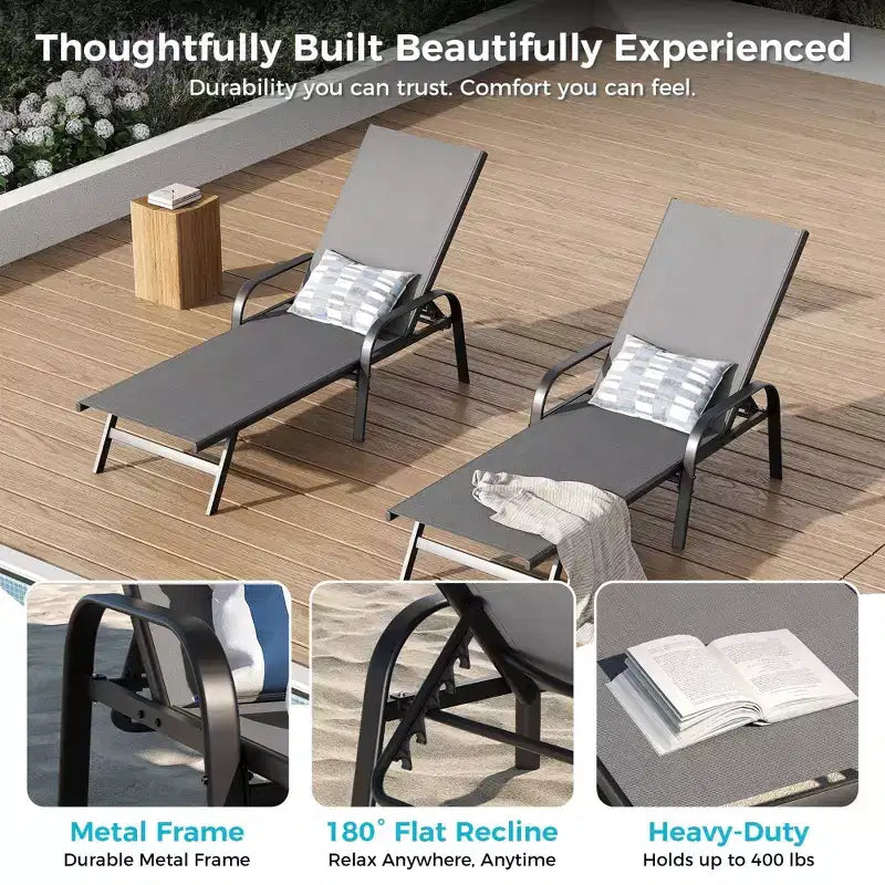 Lot de 2 chaises longues de jardin, transat inclinable réglable sur 5 positions, tissu Textilène, chaise longue de piscine de 193 cm pour terrasse, jardin et bord de piscine