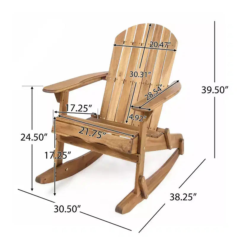 Okak Fauteuil à bascule rustique Adirondack en acacia de qualité supérieure, 1 pièce, chaise longue d'extérieur pour véranda, jardin et arrière-cour, naturel