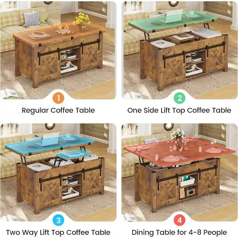 Table basse relevable avec 2 portes de grange coulissantes et rangement