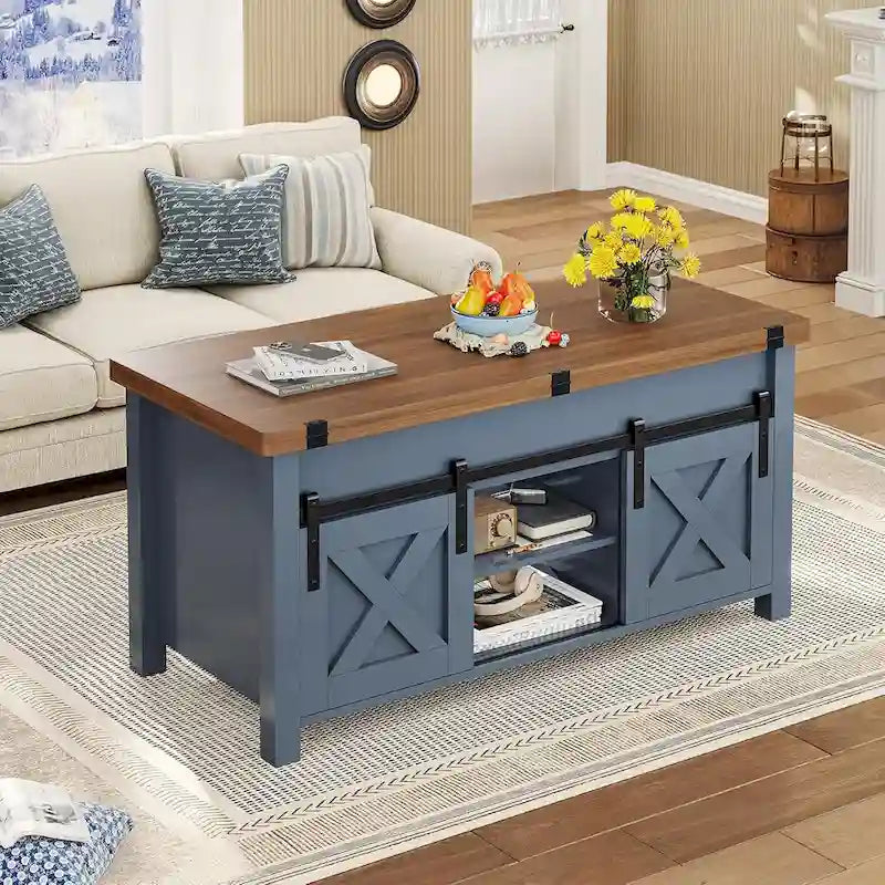 Table basse relevable avec 2 portes de grange coulissantes et rangement