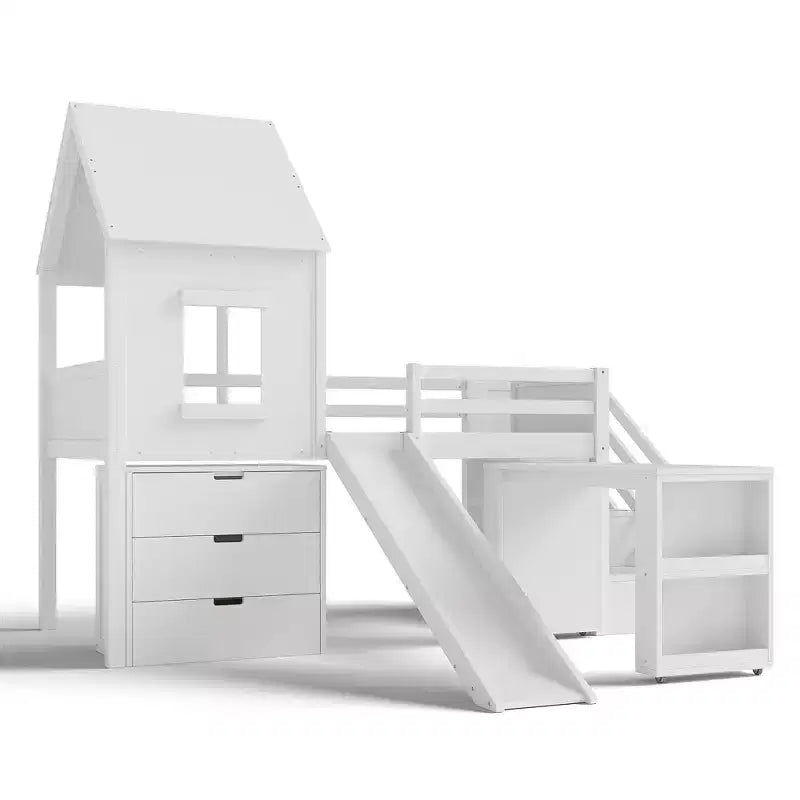 Lit mezzanine simple avec 3 tiroirs et escalier de rangement, structure cabane en bois avec toboggan et bureau amovible