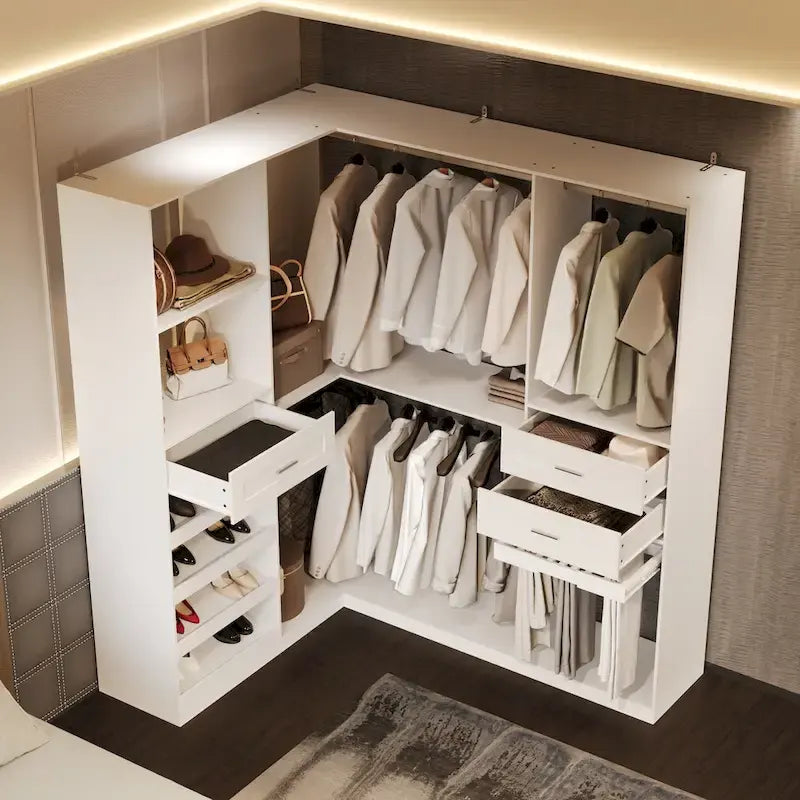Armoire de coin avec 2 tringles, porte-pantalons et organisateur de chaussures