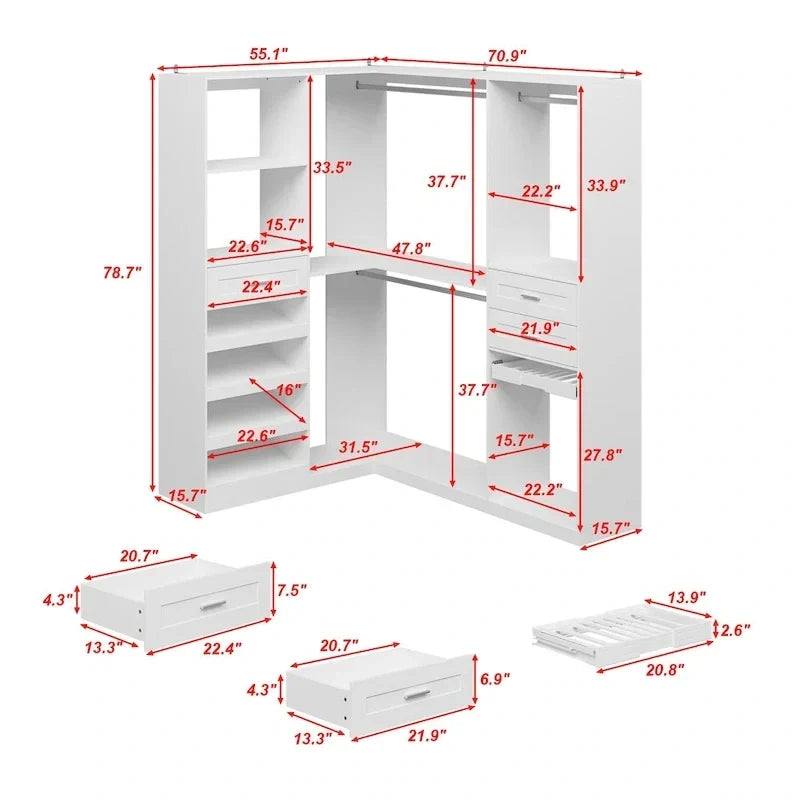 Armoire de coin avec 2 tringles, porte-pantalons et organisateur de chaussures
