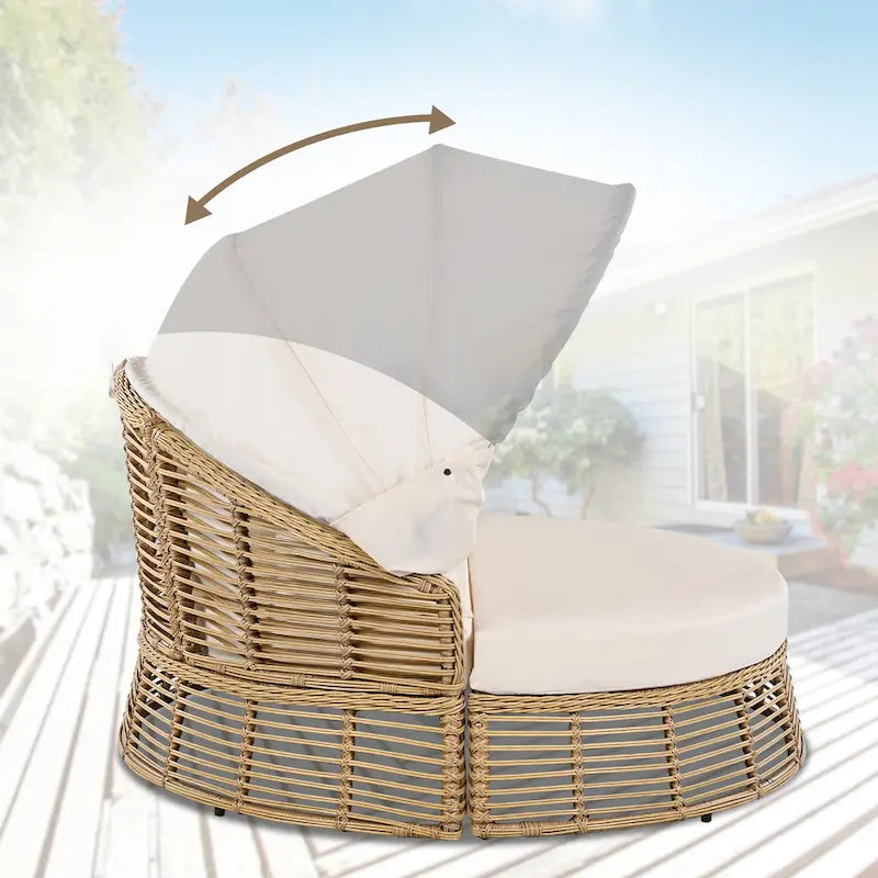 Lit de Repos Rond en Rotin d'Extérieur avec Auvent et Coussins Amovibles
