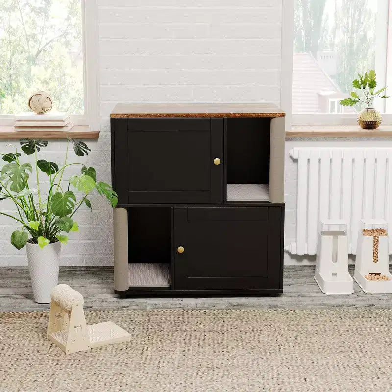 Meuble cache-litière double avec poteaux à griffer et tapis de litière à double couche pour animaux de compagnie d'intérieur