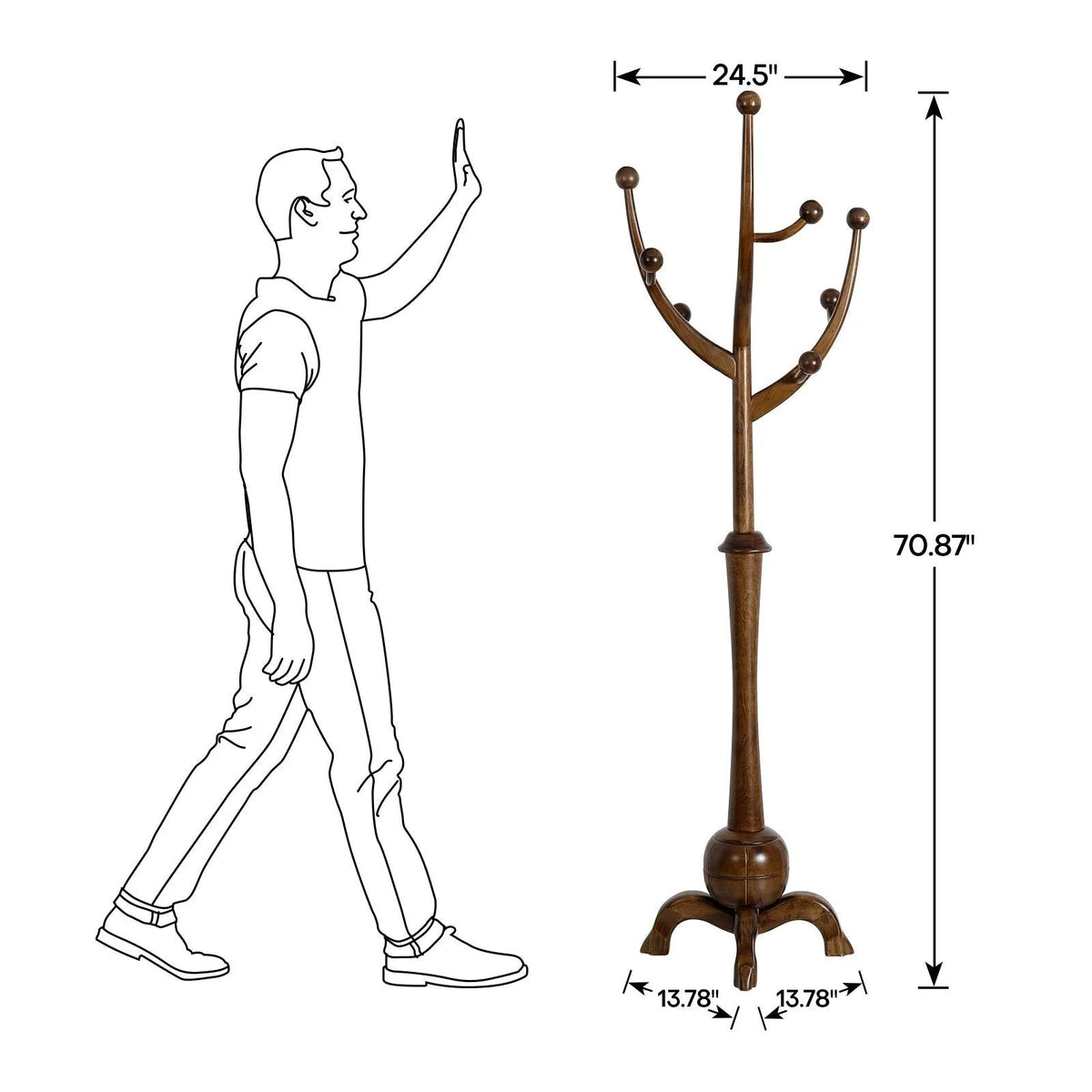 Porte-manteau sur pied en bois d'hévéa forme branche d'arbre avec 8 crochets - 24,5 L x 70,87 H