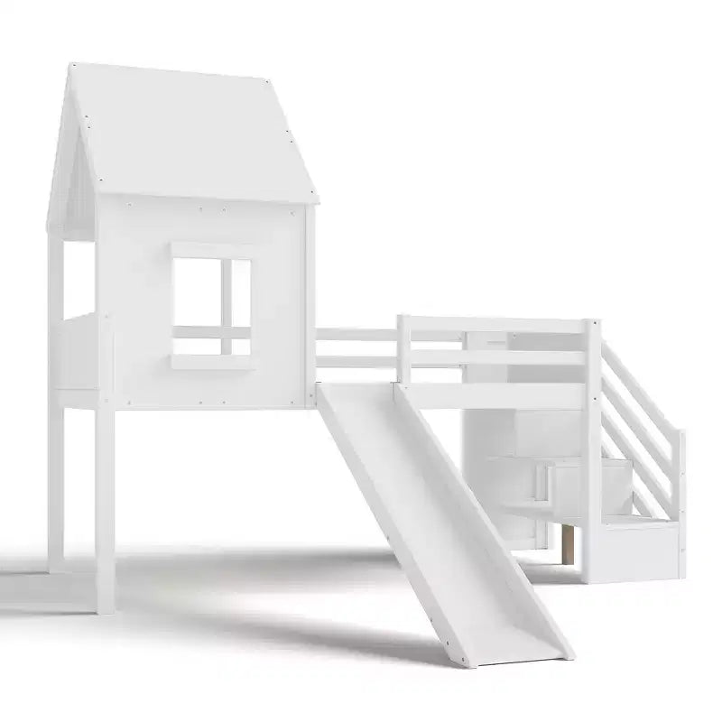 Lit mezzanine simple avec 3 tiroirs et escalier de rangement, structure cabane en bois avec toboggan et bureau amovible