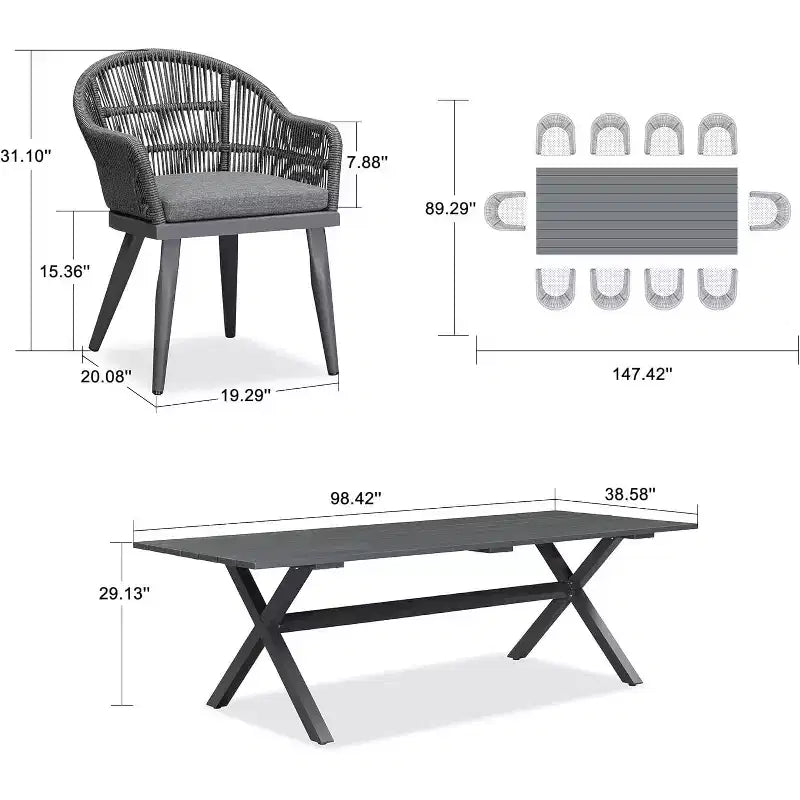 Ensemble de salle à manger d'extérieur PURPLE LEAF avec table à manger en aluminium et chaises en rotin tressé