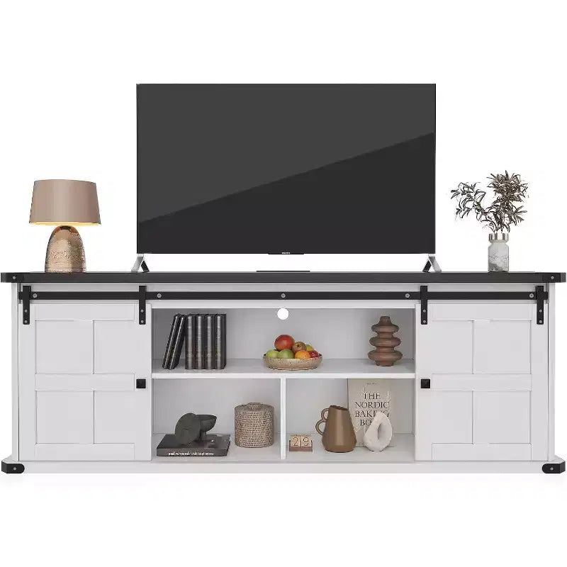 Meuble TV 70 po pour téléviseurs 75 po, centre de divertissement style ferme avec portes coulissantes de grange et armoires de rangement, table console TV média moderne