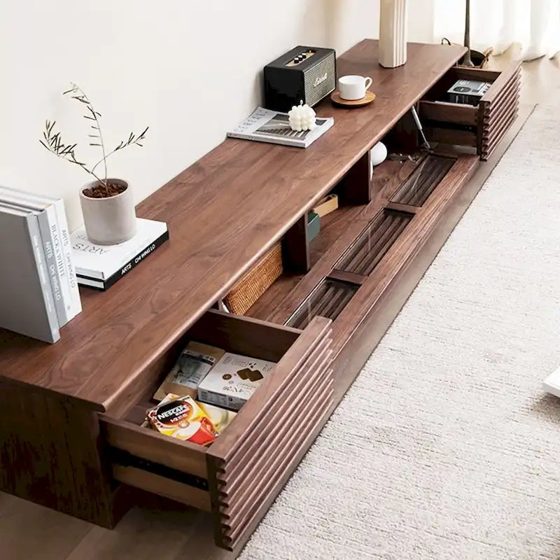 Meuble TV minimaliste avec tiroirs, console multimédia en bois massif avec placards, porte abattante, placage noyer, entièrement assemblé