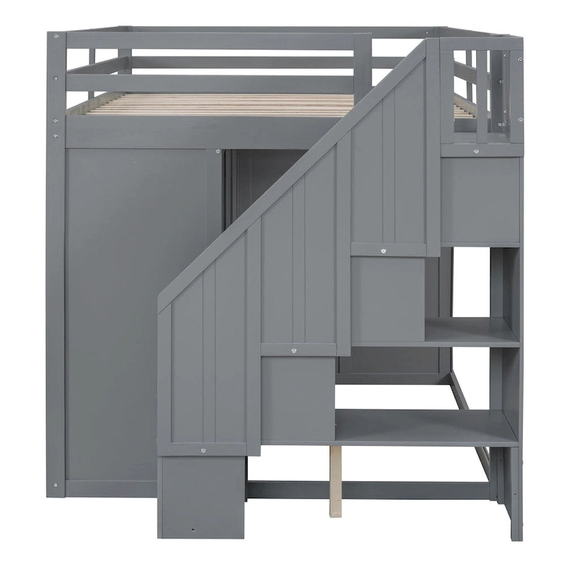 Lit mezzanine en bois gris, taille standard, avec penderies, tiroirs et escalier de rangement