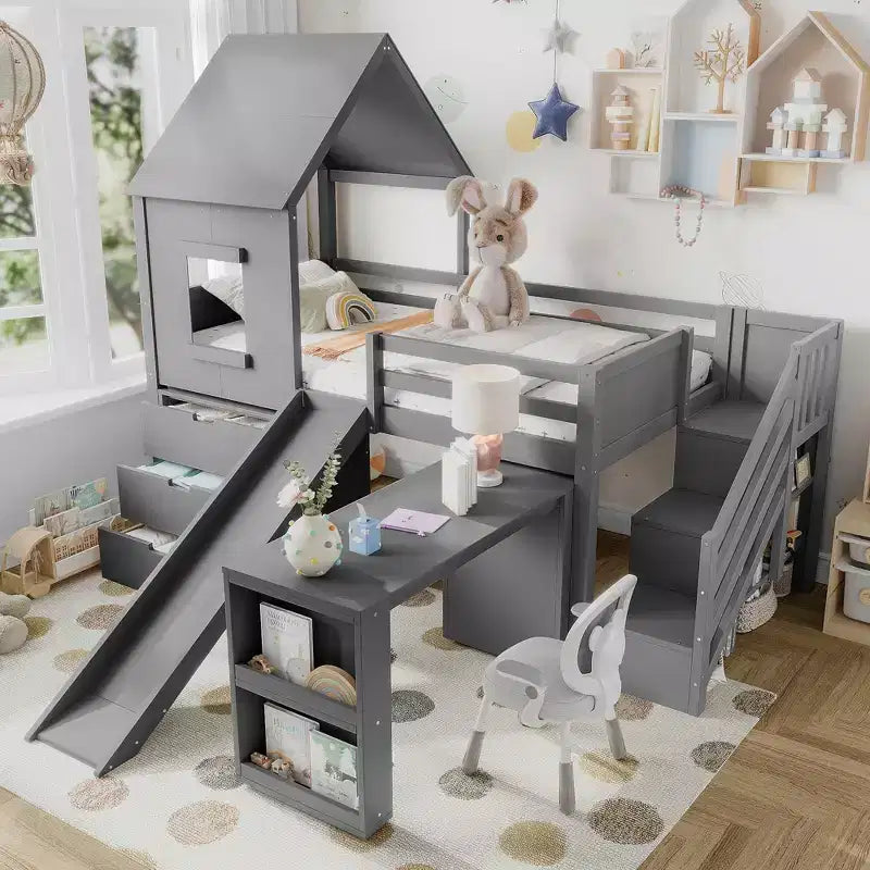 Lit mezzanine simple avec 3 tiroirs et escalier de rangement, structure cabane en bois avec toboggan et bureau amovible