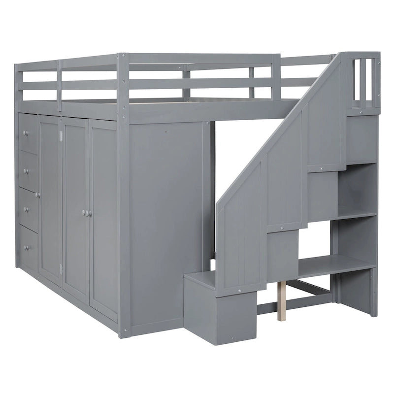 Lit mezzanine en bois gris, taille standard, avec penderies, tiroirs et escalier de rangement