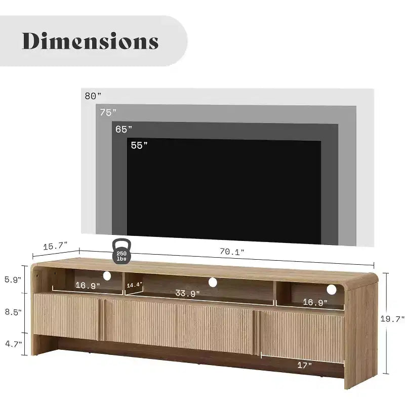 Meuble TV moderne AMERLIFE 70 avec design cannelé et armoires de rangement, pour téléviseurs jusqu'à 80 pouces, meuble TV en bois pour salon