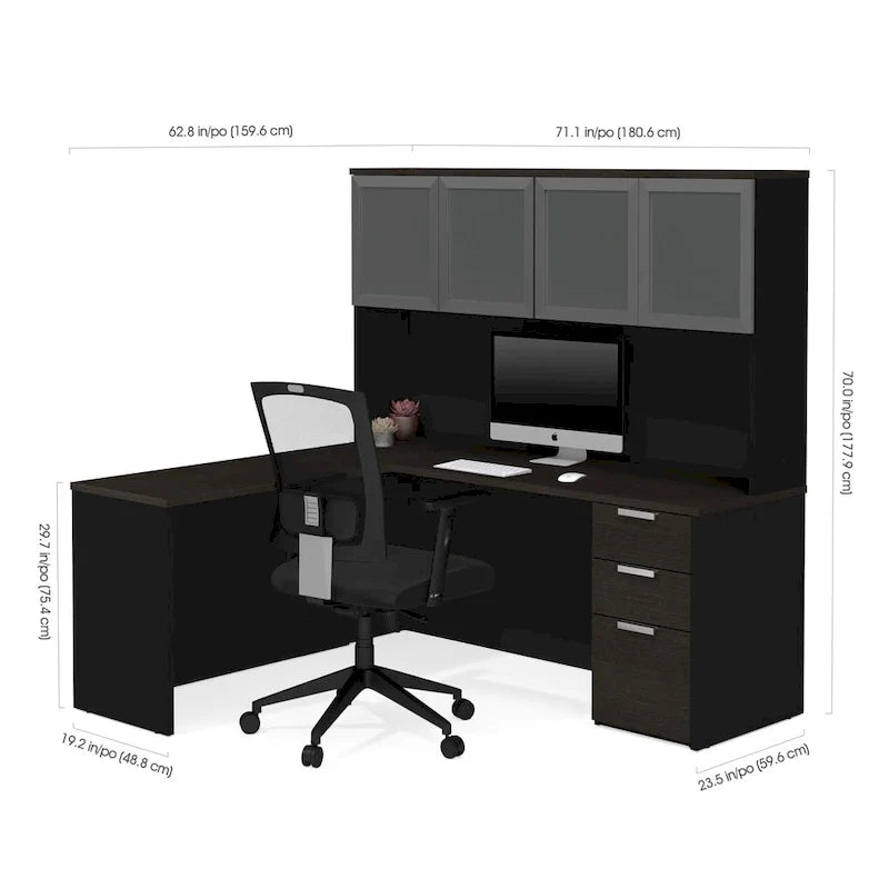 Bureau en L Bestar Pro-Concept Plus avec huche à porte en verre dépoli