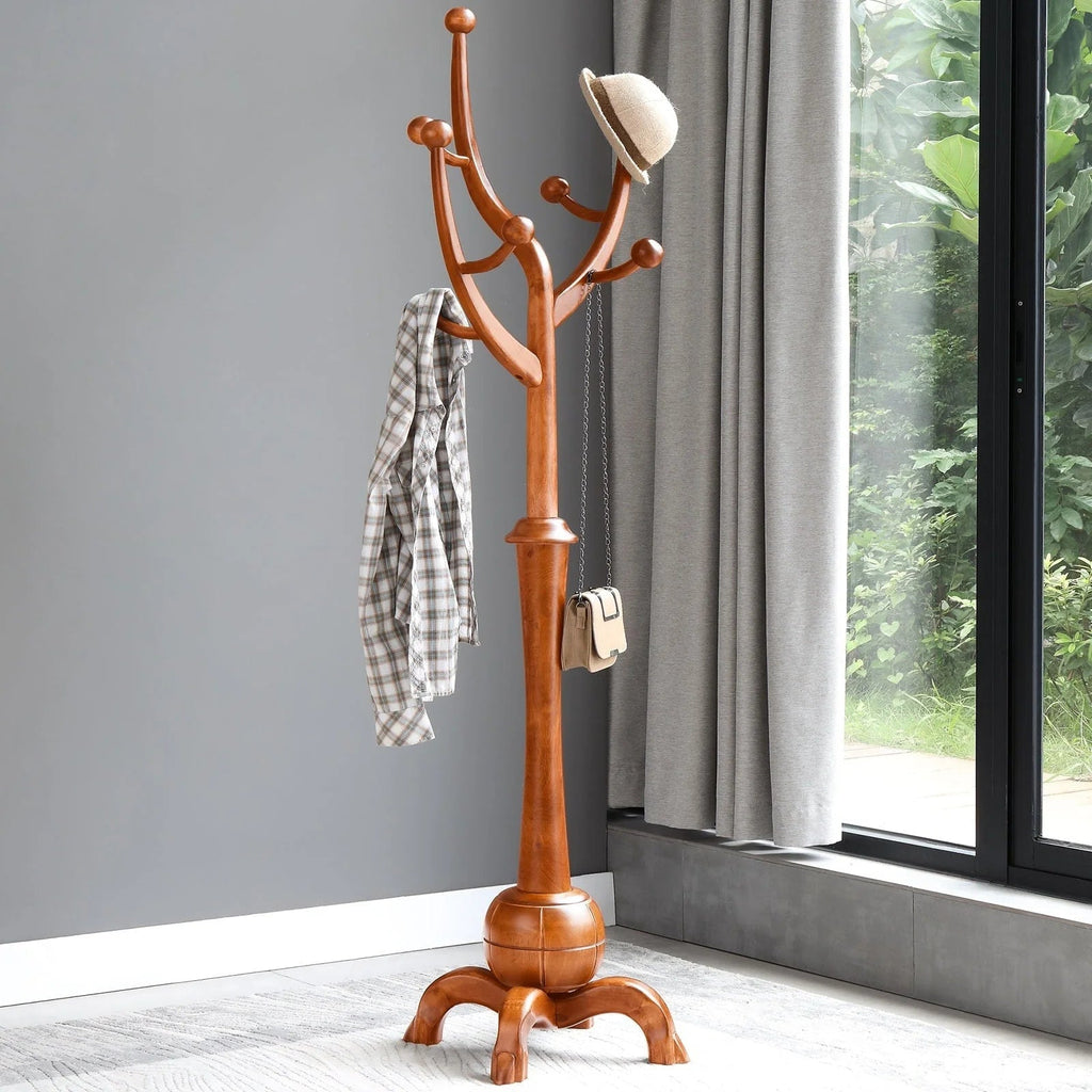 Porte-manteau sur pied en bois d'hévéa forme branche d'arbre avec 8 crochets - 24,5 L x 70,87 H