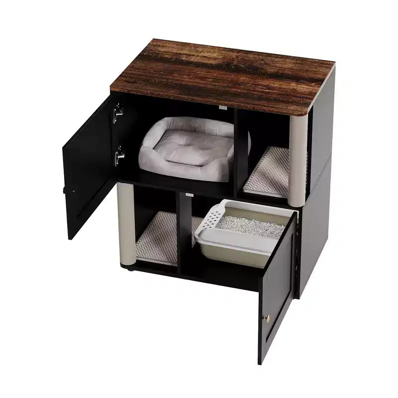 Meuble cache-litière double avec poteaux à griffer et tapis de litière à double couche pour animaux de compagnie d'intérieur